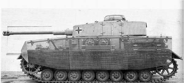 A Pzkpfw IV Ausf J equipped with Drahtgeflechtschurzen Wehrmacht developed wire mesh side armor