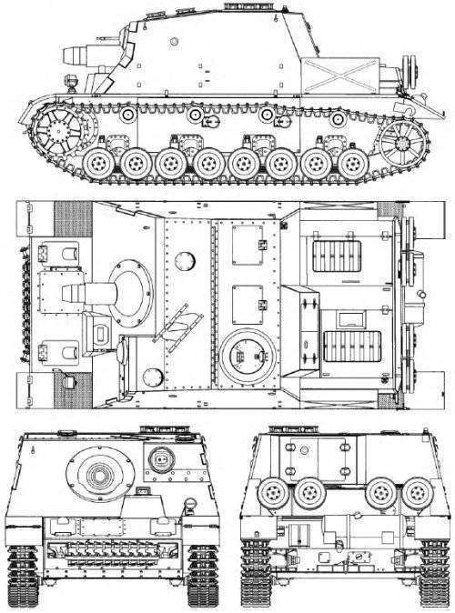 All views drawing of the Sturmpanzer IV <a href="https://es.topwar.ru/19425-shturmovoe-orudie-iv-brummber-sdkfz166.html" rel="nofollow"> Source</a>