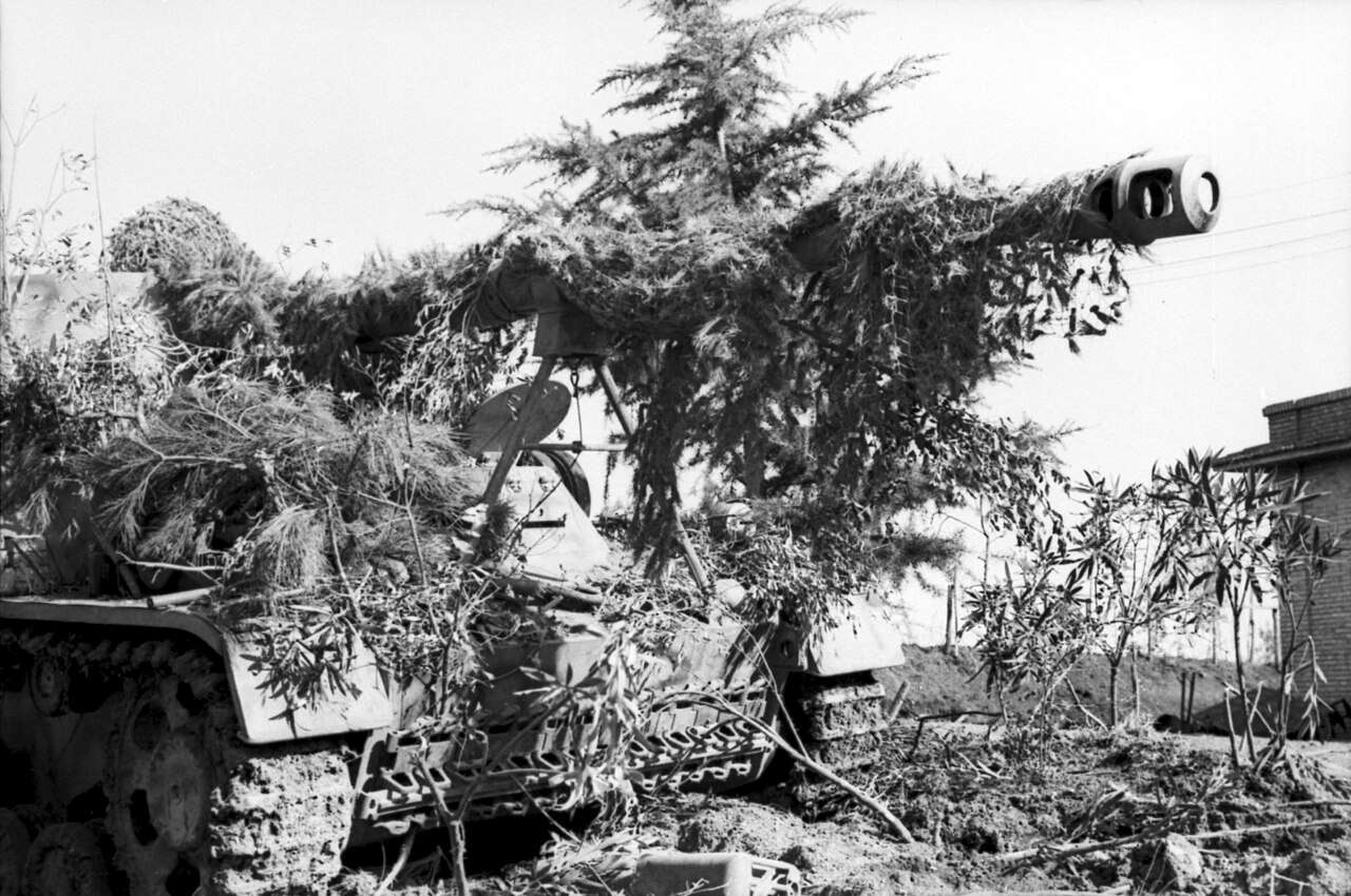 Egy Nashorn (németül orrszarvú) néven ismert, szakértelemmel elrejtett harckocsivadász az olasz fronton, 1944-ben