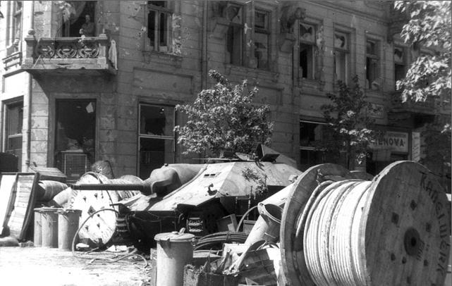 Captured Jagdpanzer 38(t) "Hetzer"  built in a Polish Home Army barricade on the Napoleon Square tank in Warsaw, 1944.