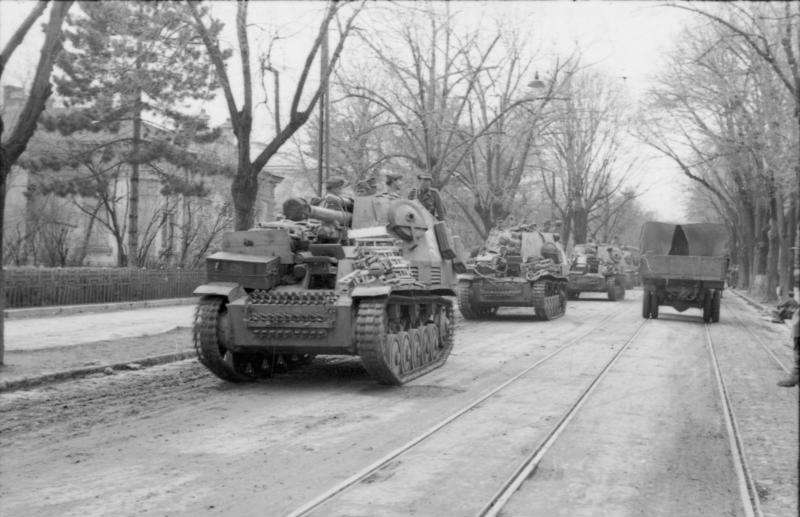 German Sd.Kfz. 124 Wespe Self-Propelled Guns, on a street in Romania, in March 1944. Exact location unknown.