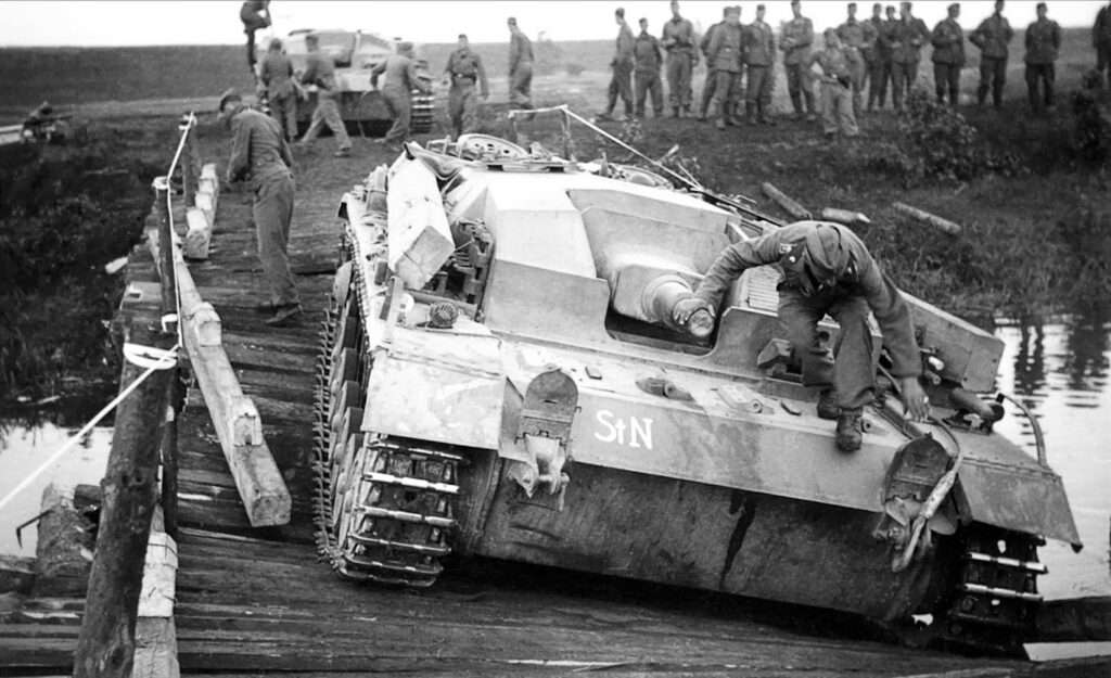 StuG III Ausf. B from Sturmgeschütz-Brigade 201, the Wehrmacht on a bridge collapsed by it's weight